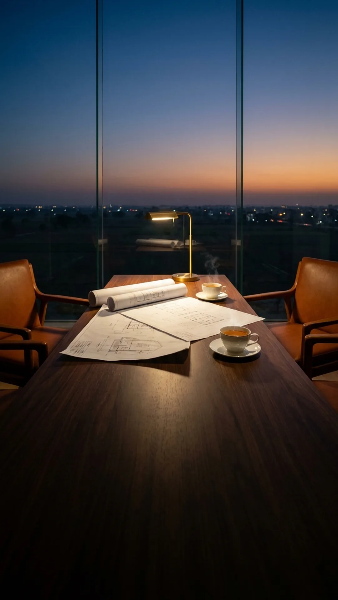 Calm studio table at dusk with architectural drawings, two cups of tea and two chairs facing each other