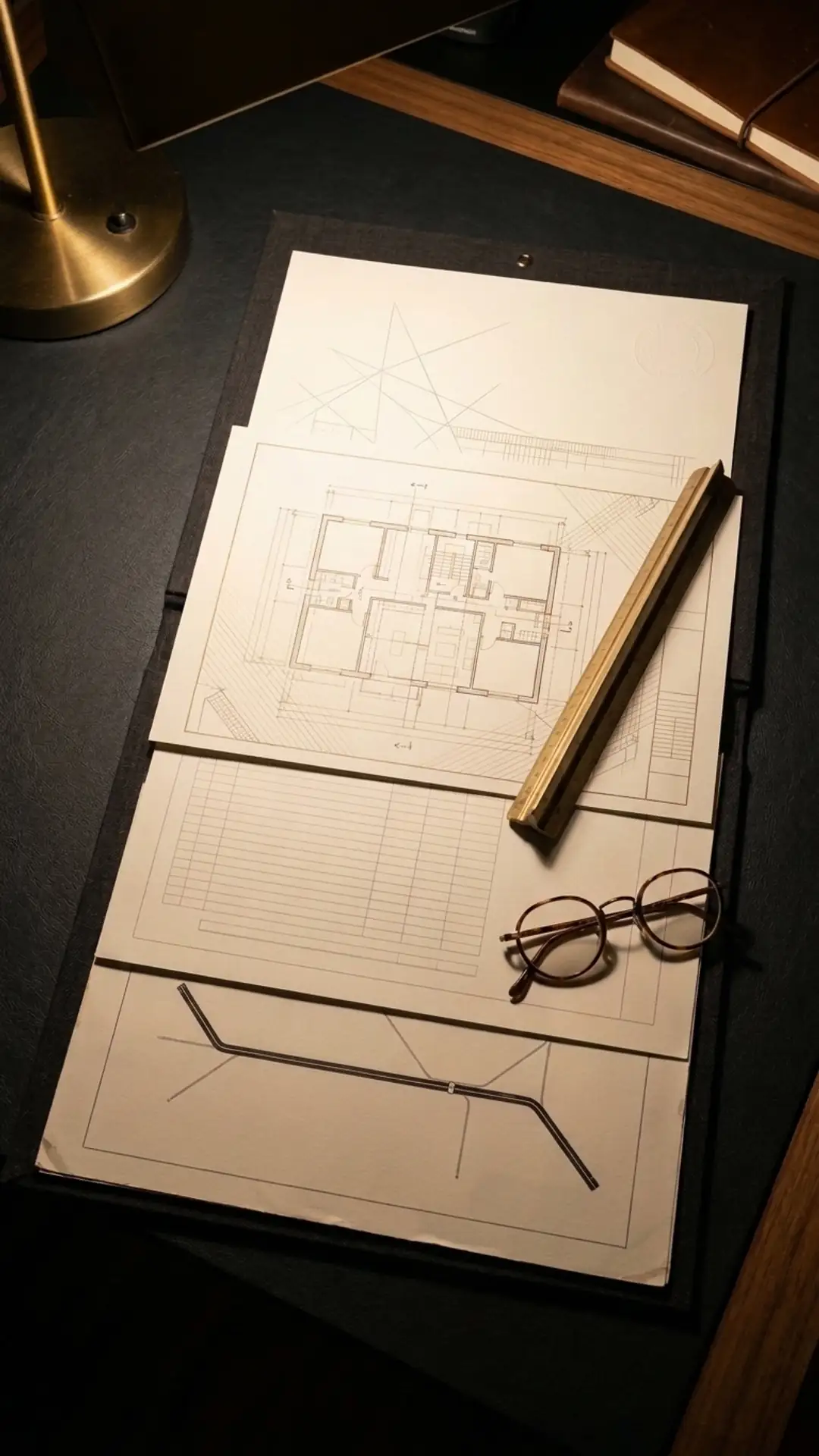 An open project study file on a dark desk under brass lamp light